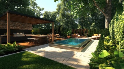 Luxurious backyard oasis with pool and outdoor kitchen