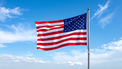 Obraz premium Stars and Stripes in the Sky, a symbol of patriotism waving gently against a bright blue summer sky.