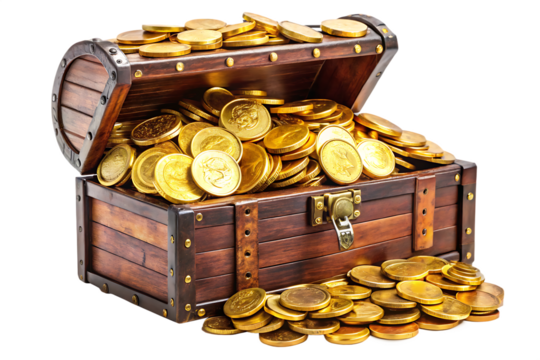 treasure chest with gold coins isolated on a white background, png, ai