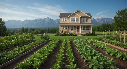 Mountain View Home with Expansive Vegetable Garden Sustainable Living in a Picturesque Setting
