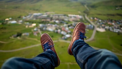 Fototapeta premium Brown shoes dangle above a sprawling green valley