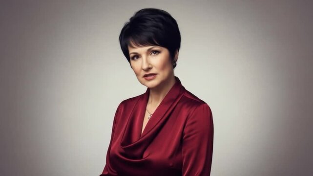 Portrait of a woman with short dark hair wearing a red silk blouse