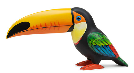 Fototapeta premium Brightly colored wooden toucan sculpture used as shelf decor, isolated on white — playful and tropical Brazilian home accent