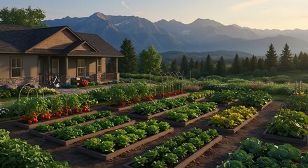 Mountain View Home with Vibrant Vegetable Garden and Lush Landscaping