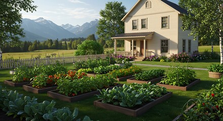 Picturesque Farmhouse with Vibrant Vegetable Garden and Mountain View