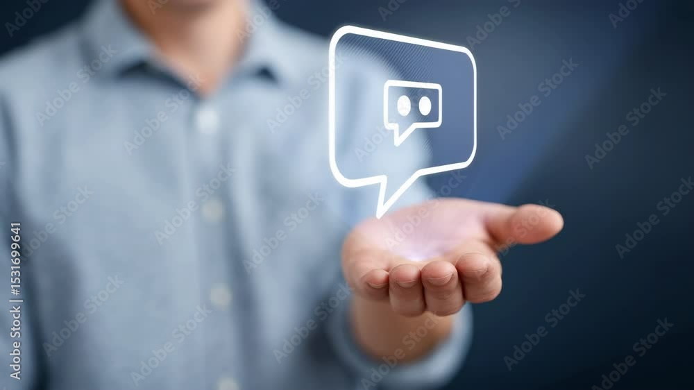 Poster hand gesture and speech bubble enhancing communication and dialogue in professional context for effe