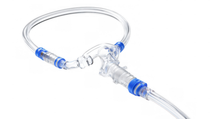 Ventilator tubing connector facilitating assisted breathing, featuring transparent tubing and blue connectors, essential for respiratory support and medical ventilation on a transparent background