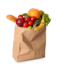 Paper bag with vegetables and fruits on white background