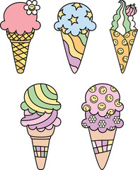 Set of cute and colorful groovy soft ice cream with waffle cone elements collection design illustration 