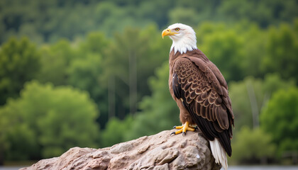 Bald eagle perched on rock against green forest background