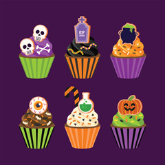 Halloween decorated cupcakes elements with skulls, pumpkins, witch brew, eyeballs, bats and tombstone. Creepy desserts collection design illustration.