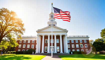 American flag waving in front of historic building