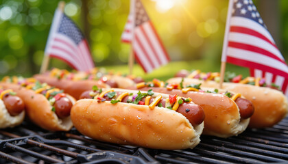 Grilled hot dogs with American flags at summer barbecue