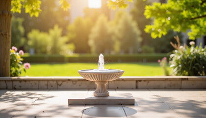 Fountain with water spray in a sunny garden