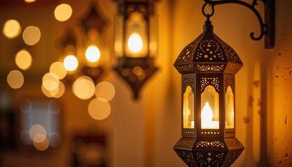 Decorative lanterns glowing against a warm background