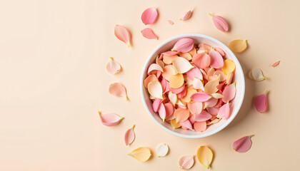 Colorful flower petals in a white bowl on pastel background