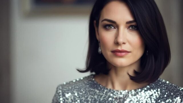 Close up of a woman with dark hair wearing a sequined silver top