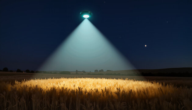 UFO shining light over golden wheat field at night