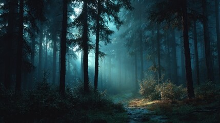 Fototapeta premium Ethereal light piercing through a dense and enchanting forest landscape