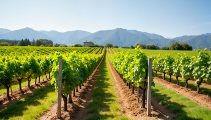 Obraz premium Vineyard landscape with green grapevines and mountains in background