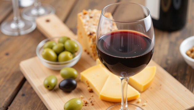 Glass of red wine with cheese and olives on wooden platter