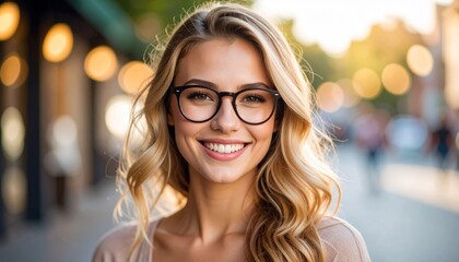 Beautiful blonde girl wearing glasses smiling