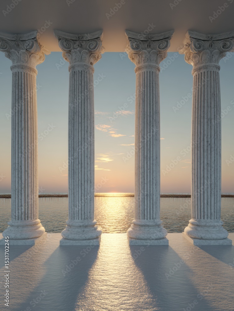 Poster understanding the five pillars of personal development with a serene sunset view over calm waters