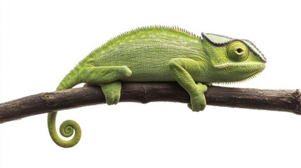Fototapeta premium Green chameleon perched on a branch against a white background.