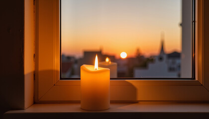 Candle flickering on windowsill during sunset
