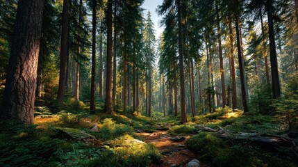 Fototapeta premium Enchanting Sunlight Filtering Through Towering Trees in a Majestic Forest Landscape