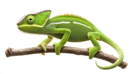Fototapeta premium A vibrant green chameleon with white stripes perched on a slender branch against a stark white background.