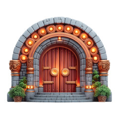 Ornate Stone Archway With Wooden Double Doors And Illuminated Plants