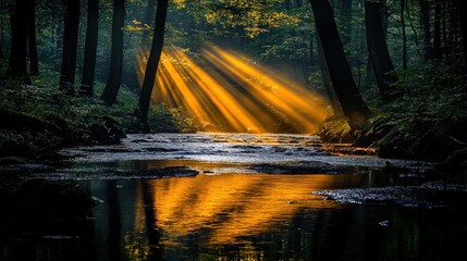 Obraz premium Sunlight streams through forest trees over a tranquil creek