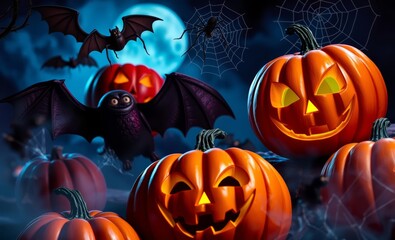 A vibrant Halloween masterpiece where pumpkins carved with mischievous grins spectral bats with outstretched wings and creepy spiders spun intricate webs against a backdrop of a stylish artistic d