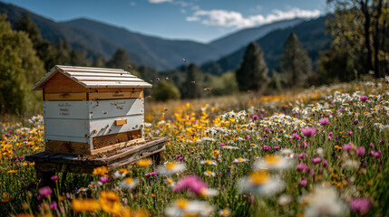 Bees buzzing around wooden hive in colorful wildflower field with mountain background under blue sky