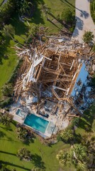 Obraz premium Aerial View of Hurricane-Damaged House and Pool