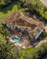 Aerial View of Hurricane-Damaged House and Pool
