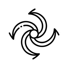Abstract swirl icon with four arrows in black outline design  
