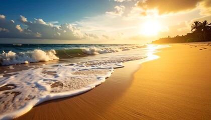 Golden light illuminates a tropical beach with gentle waves and lush palm trees at sunset.