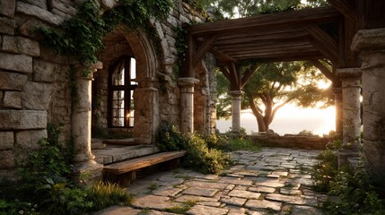 Obraz premium Enchanted ruins overlook a serene ocean horizon