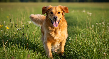 A golden retriever dog runs happily in a green meadow with a happy expression and tongue sticking out. 