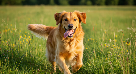 A golden retriever dog runs happily in a green meadow with a happy expression and tongue sticking out. 