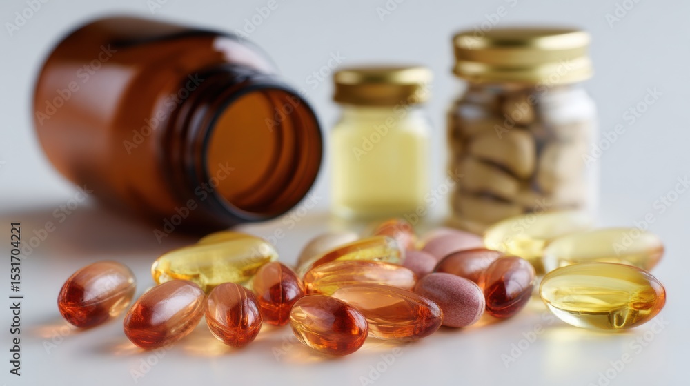 Aufkleber vitamins and supplements for promoting healthy bones and joints displayed on a clean surface with st