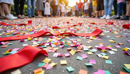 Fototapeta premium Colorful confetti and ribbons on ground during celebration