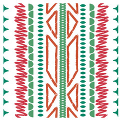 Seamless pattern of geometric and abstract elements in green and red. Isolated on transparent background