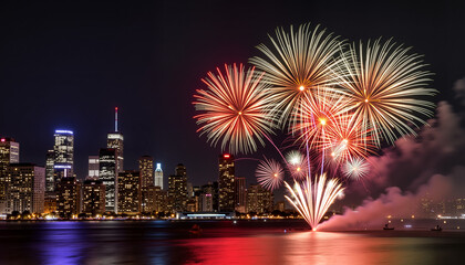 Fireworks illuminating city skyline at night