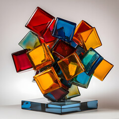 Abstract glass sculpture featuring fragmented colorful cubes in a dynamic arrangement.