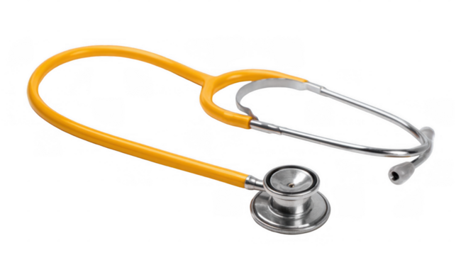 Modern yellow stethoscope resting on a transparent background, symbolizing healthcare, facilitating medical examinations, and aiding in disease diagnosis and patient care