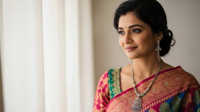 Woman in saree with jewelry looking out of a window with soft light