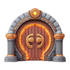 Ornate Wooden Door With Intricate Gold Details And Illuminated Edges In A Stone Archway